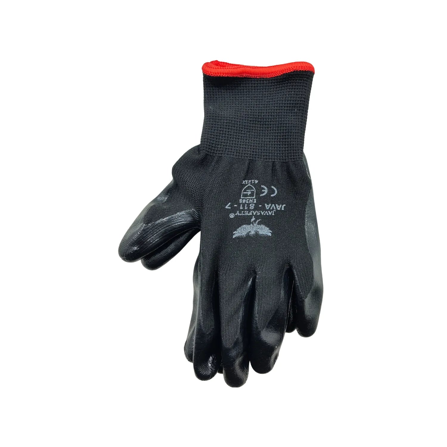 Guante de trabajo Javasafety negro con recubrimiento de nitrilo antiderrapante y puño rojo para protección industrial