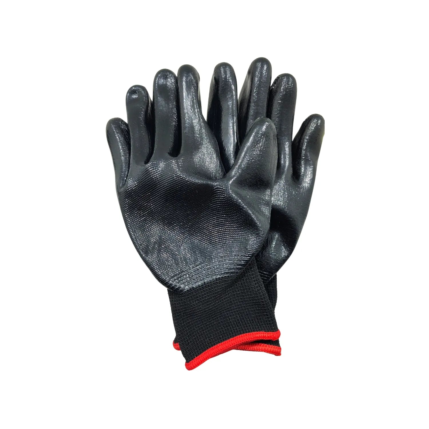 Guante de trabajo con nitrilo negro, diseño antiderrapante y puño de punto rojo para protección industrial.