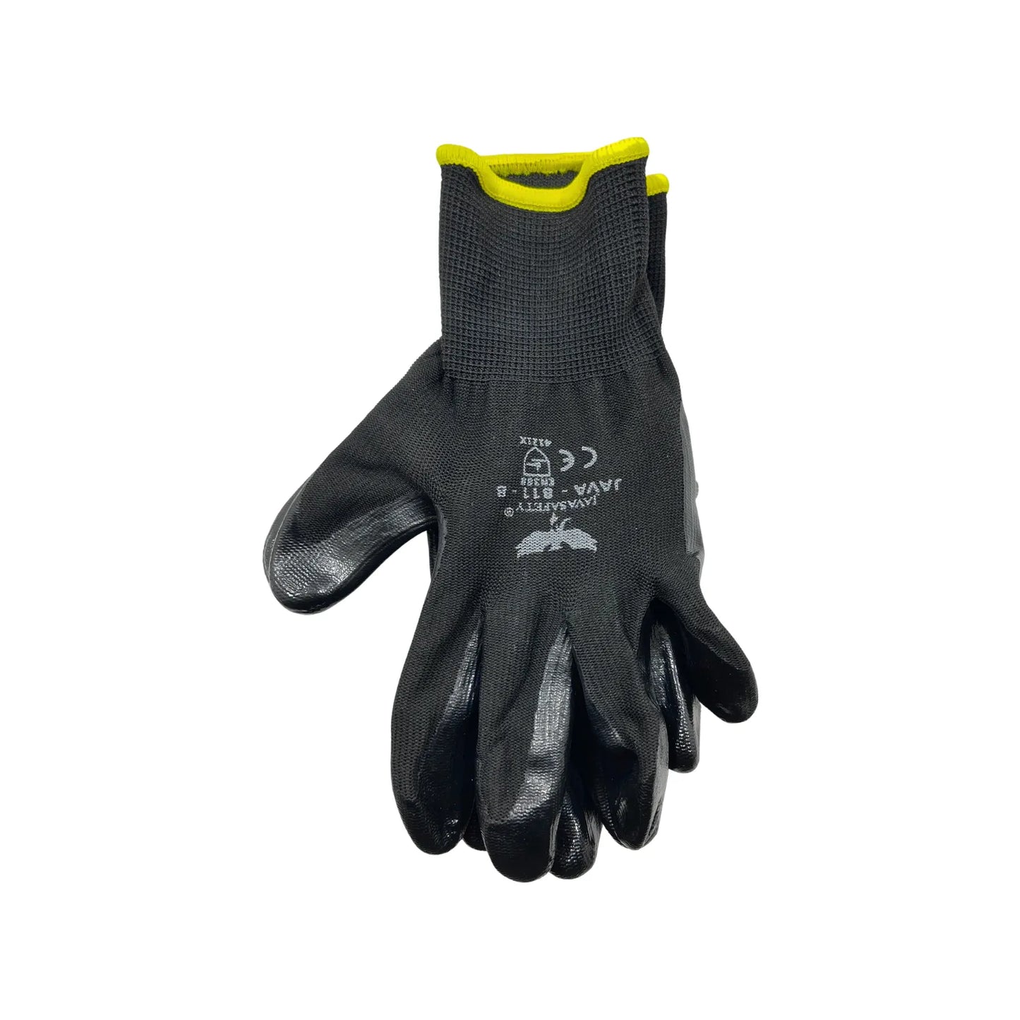 Guante de nitrilo negro JAVASAFETY talla 8 antiderrapante con puño amarillo EN388