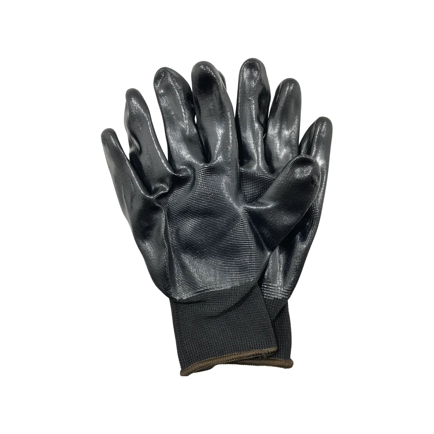 Guantes de trabajo negros con nitrilo, palma antiderrapante y puño elástico para mayor agarre y seguridad.