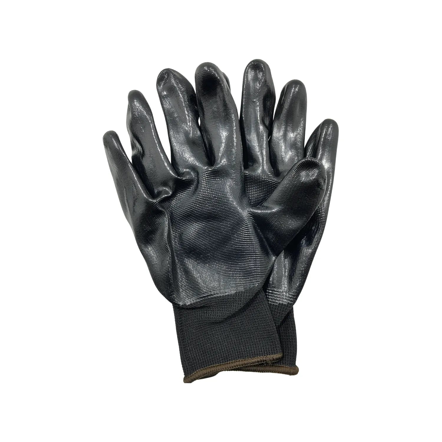 Guantes de trabajo negros con nitrilo, palma antiderrapante y puño elástico para mayor agarre y seguridad.