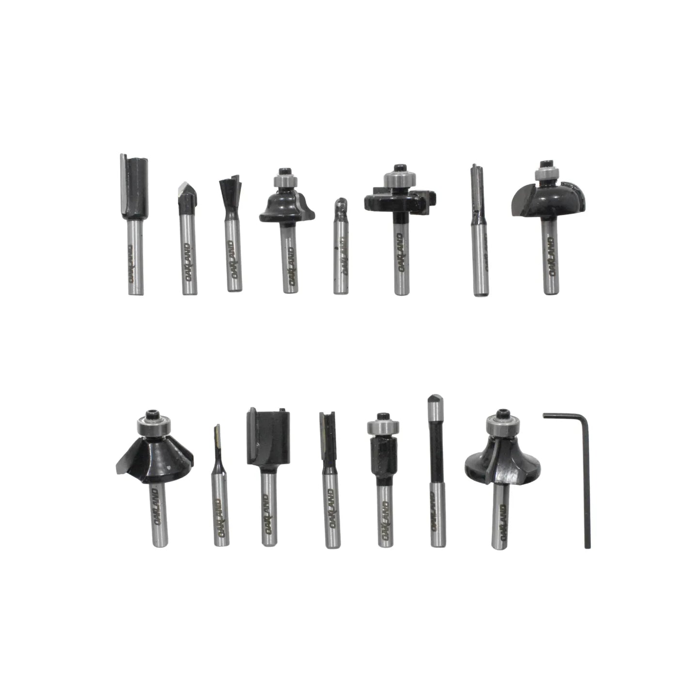 Juego de 15 fresas para rebajadora Oakland con vástago, incluye brocas para madera y llave hexagonal en estuche