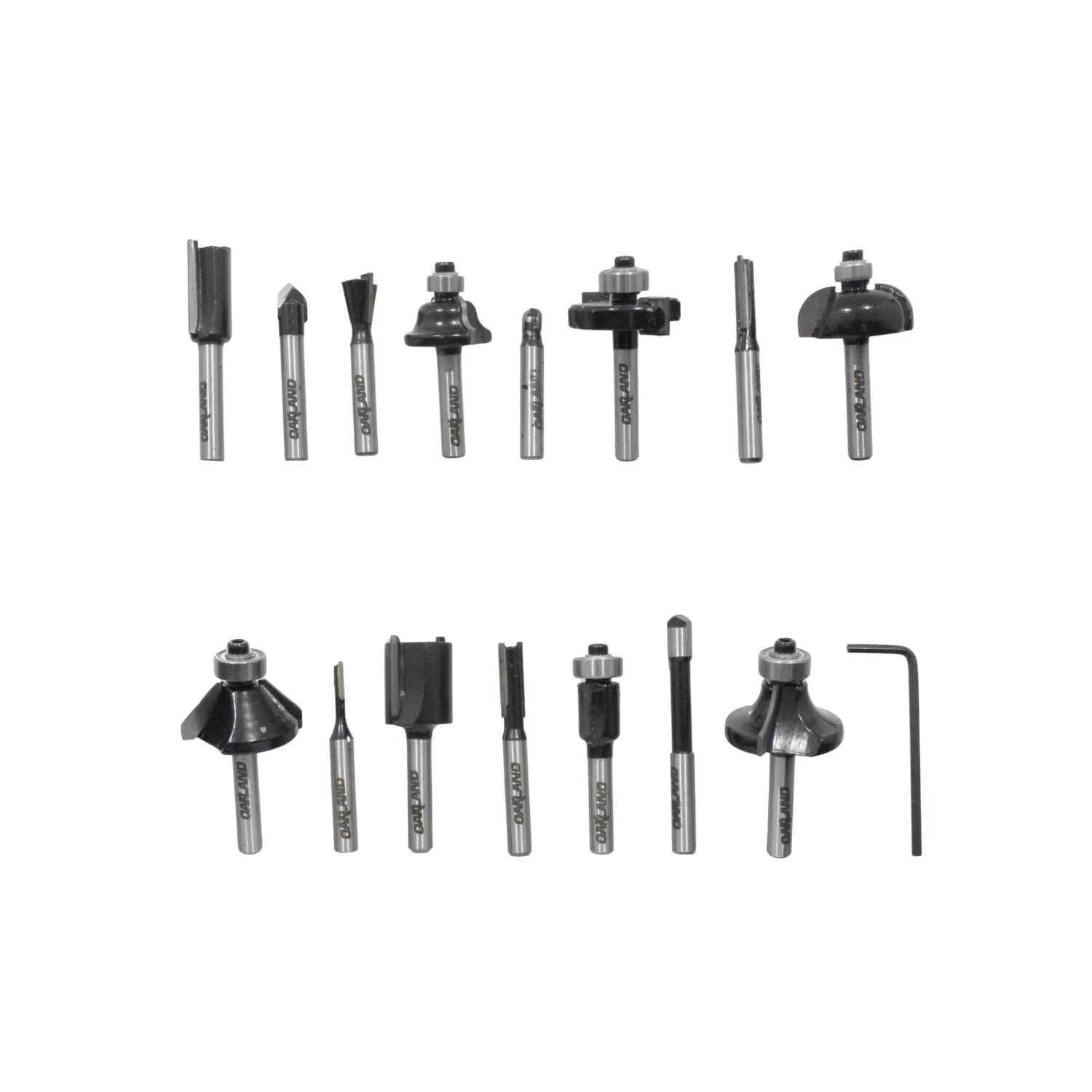 Juego de 15 fresas para rebajadora Oakland con vástago, incluye brocas para madera y llave hexagonal en estuche