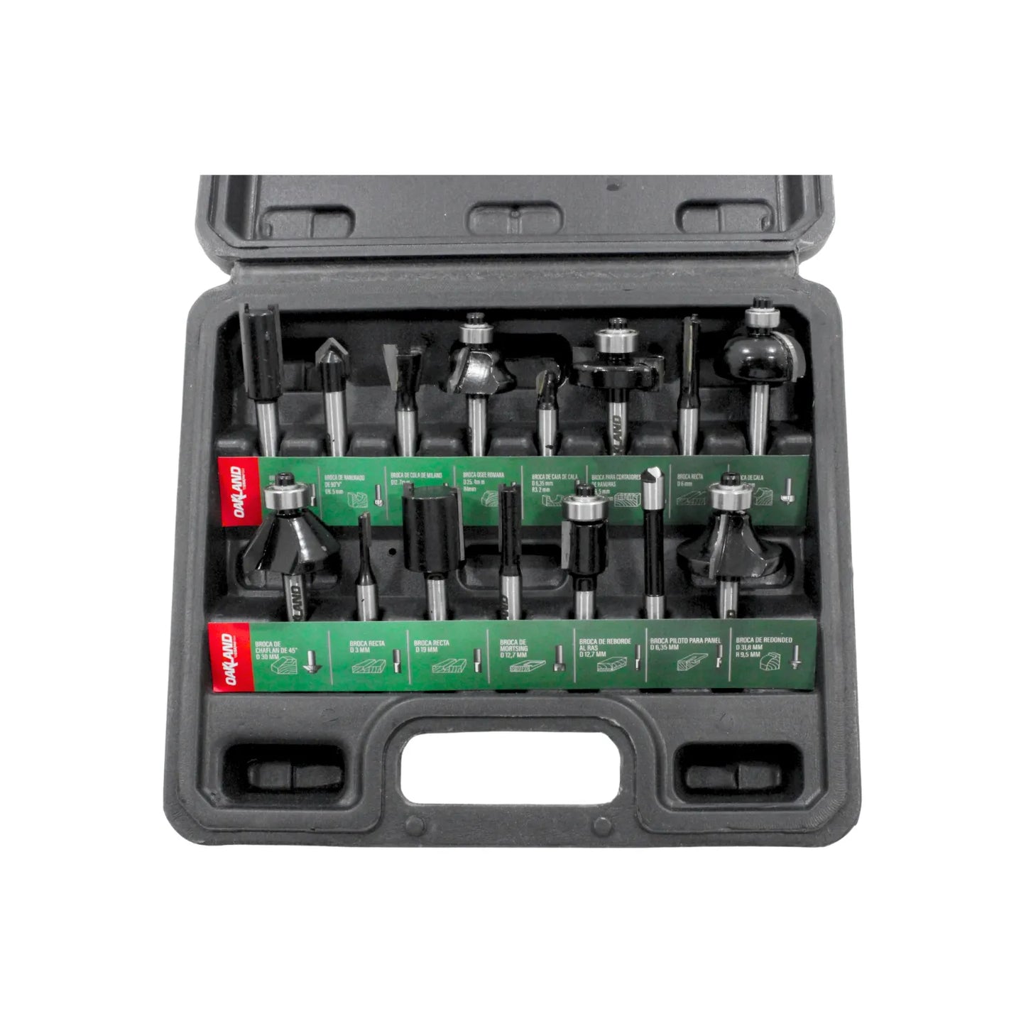 Set de 15 fresas para router Oakland con vástago de 1/4 pulgada, incluye maletín organizador plástico negro resistente