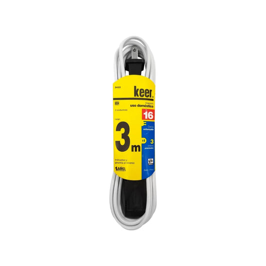Extensión eléctrica Keer blanca 3 metros, calibre 16 AWG, 2 conductores, uso doméstico.
