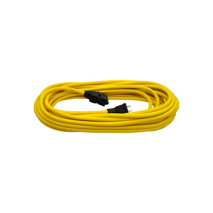 Extensión eléctrica amarilla de uso rudo, 10 metros, enrollada con conectores macho y hembra.