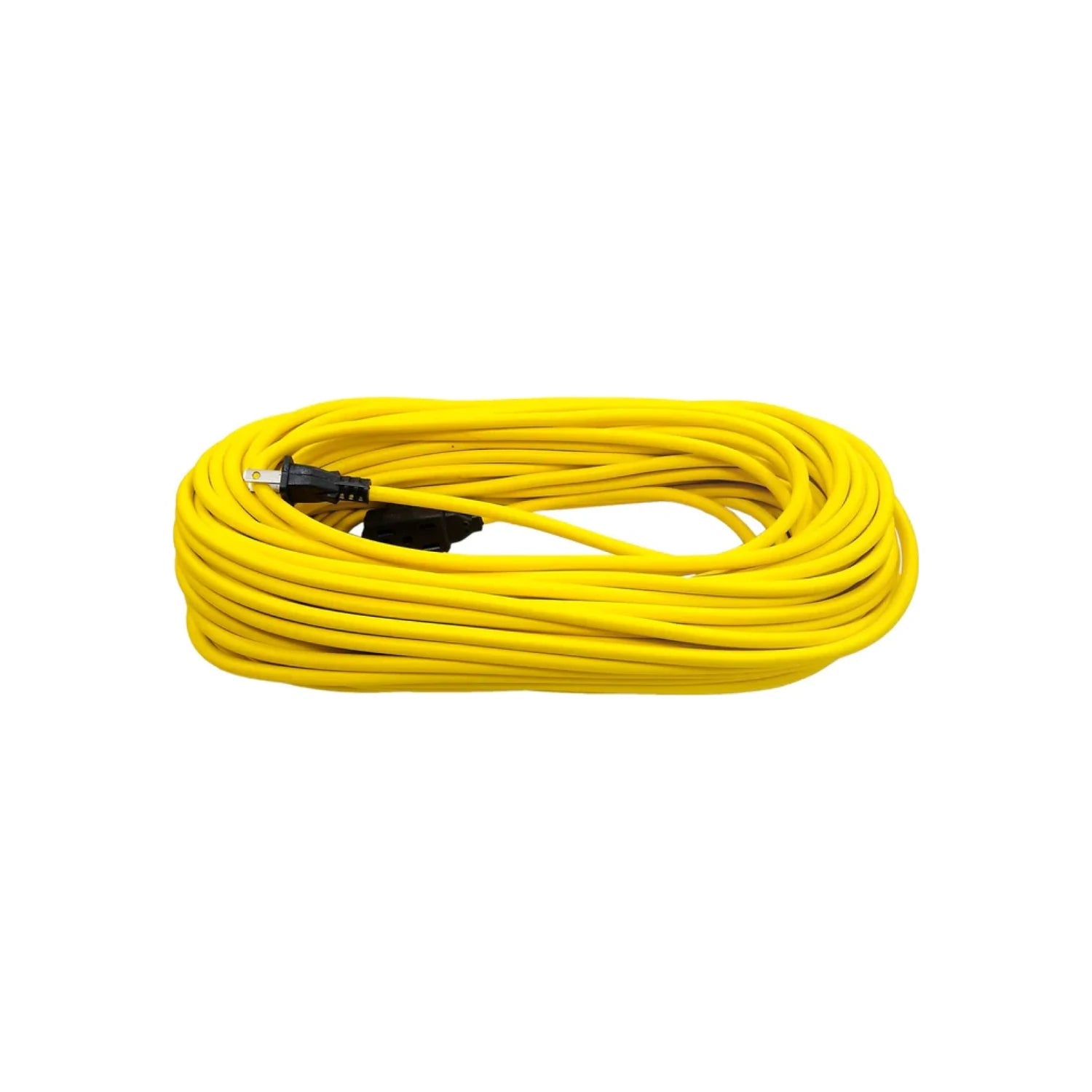 Cable de extensión eléctrico amarillo enrollado, uso rudo, ideal para exteriores o taller.