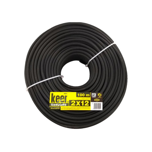 Cable eléctrico uso rudo Keer negro 2x12, 100 metros, con tecnología Alucobre y antiflama.