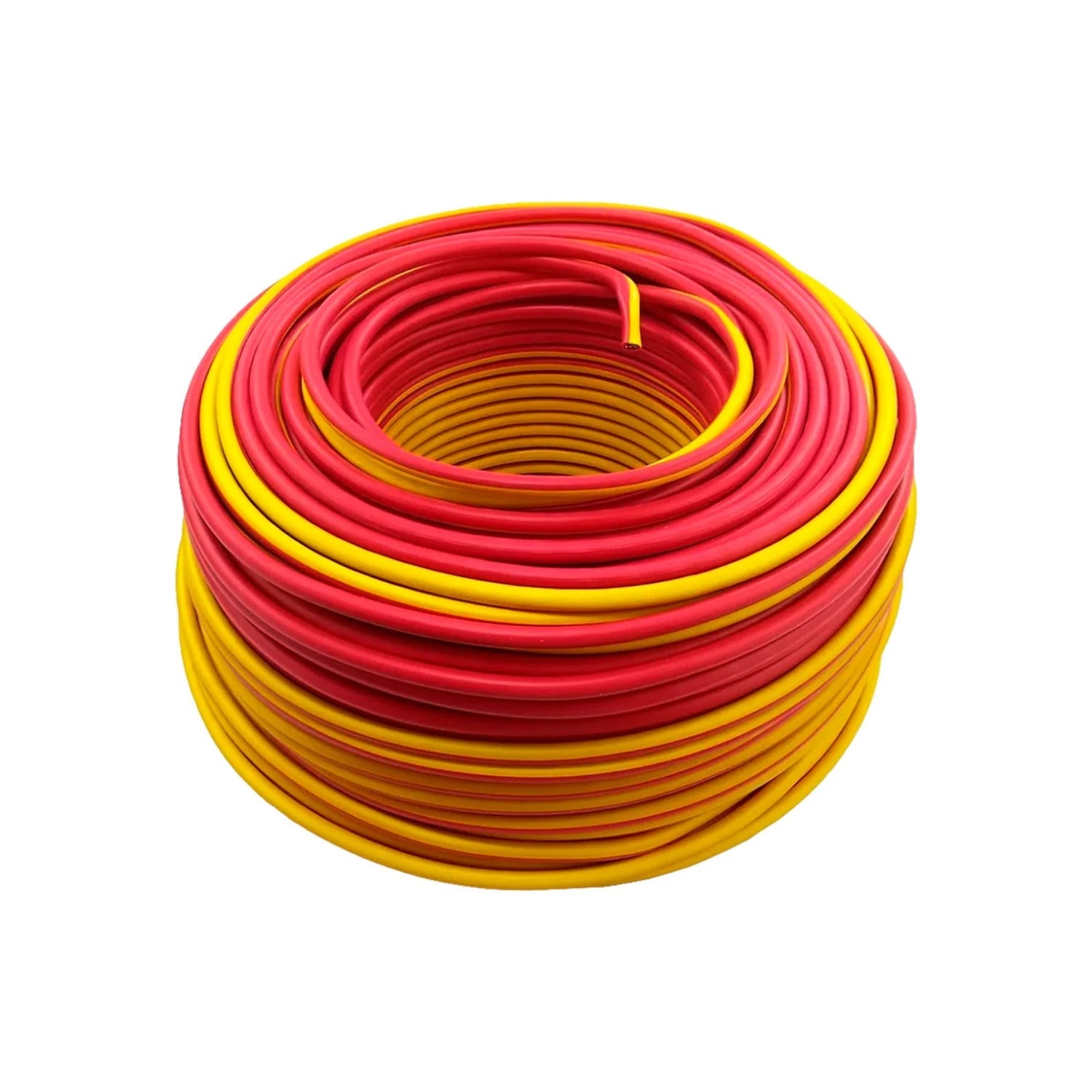 Rollo de cable eléctrico bicolor rojo y amarillo, ideal para conexiones e instalaciones generales.