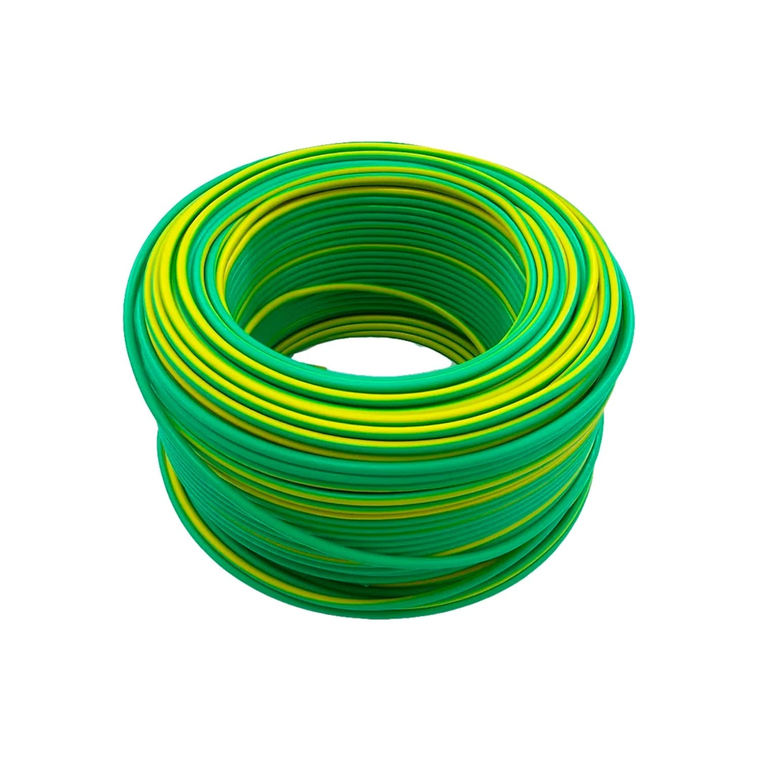 Rollo de cable eléctrico verde y amarillo para puesta a tierra, uso en instalaciones eléctricas seguras