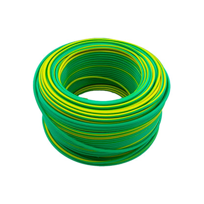 Rollo de cable eléctrico verde y amarillo para puesta a tierra, uso en instalaciones eléctricas seguras