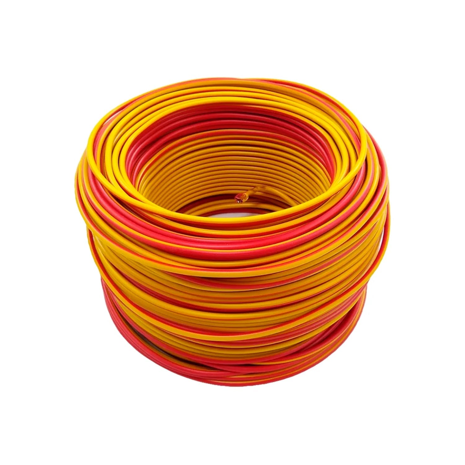 Rollo de cable eléctrico bicolor rojo y amarillo, alambre conductor para instalaciones de ferretería.