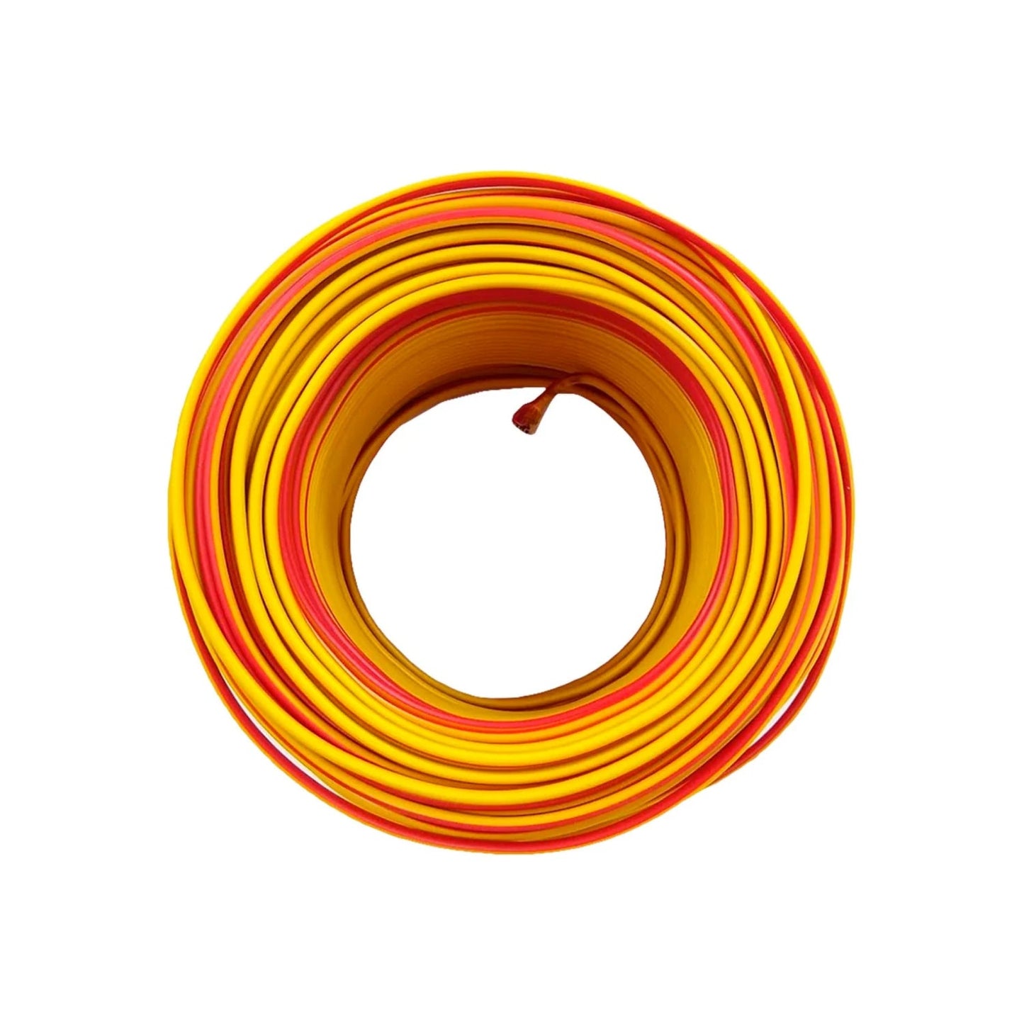 Rollo de cable eléctrico bicolor amarillo y rojo, ideal para instalaciones domésticas o proyectos eléctricos.