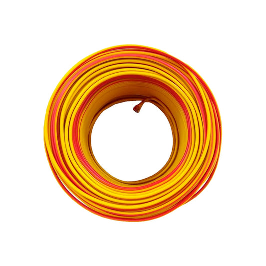 Rollo de cable eléctrico bicolor amarillo y rojo, ideal para instalaciones domésticas o proyectos eléctricos.