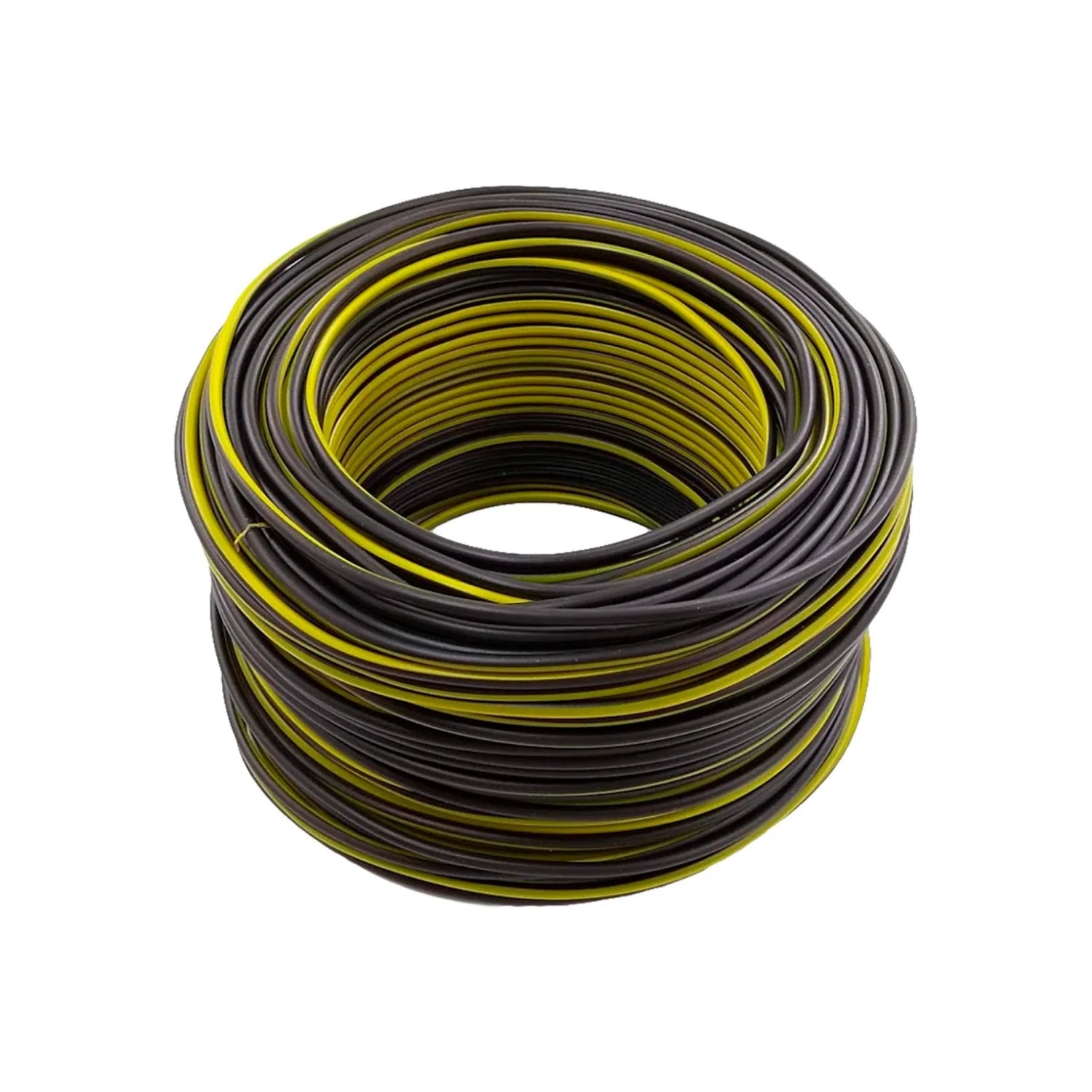 Rollo de cable eléctrico bicolor gris oscuro y amarillo para instalaciones y conexiones profesionales
