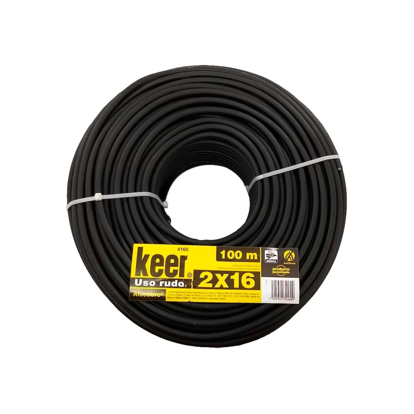 Cable uso rudo Keer 4160 negro 2x16, rollo de 100m, con alambres de AluCobre y antiflama para electricidad