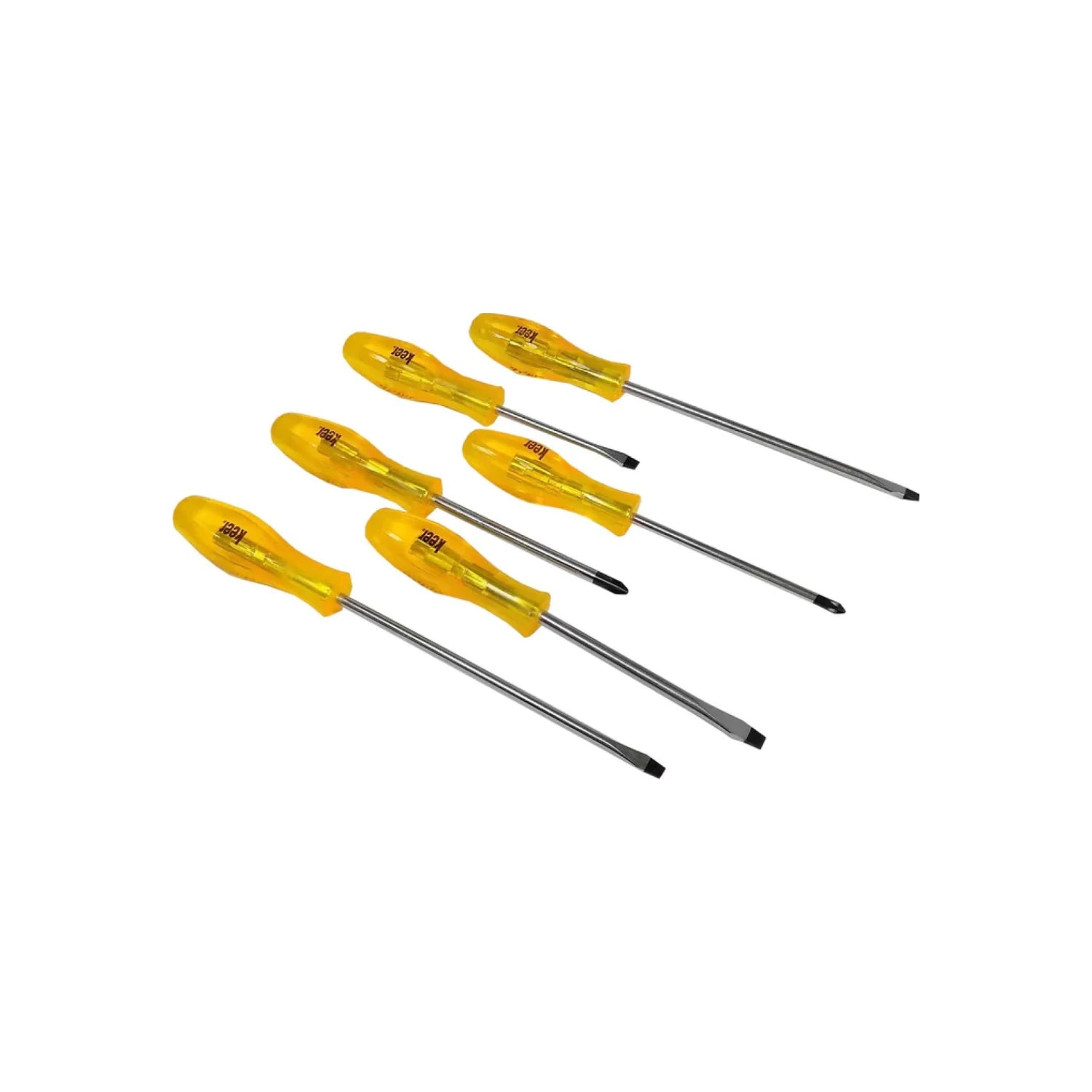 Juego de desarmadores Keer de 6 piezas con mango transparente amarillo, puntas planas y Phillips surtidas