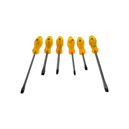 Juego de 6 desarmadores Keer con mangos transparentes amarillos, puntas planas y Phillips.