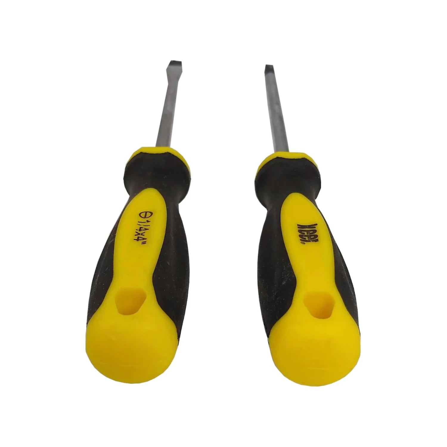 Juego de 2 desarmadores planos Keer con mango bimaterial amarillo y negro, punta 1/4x4 pulgadas