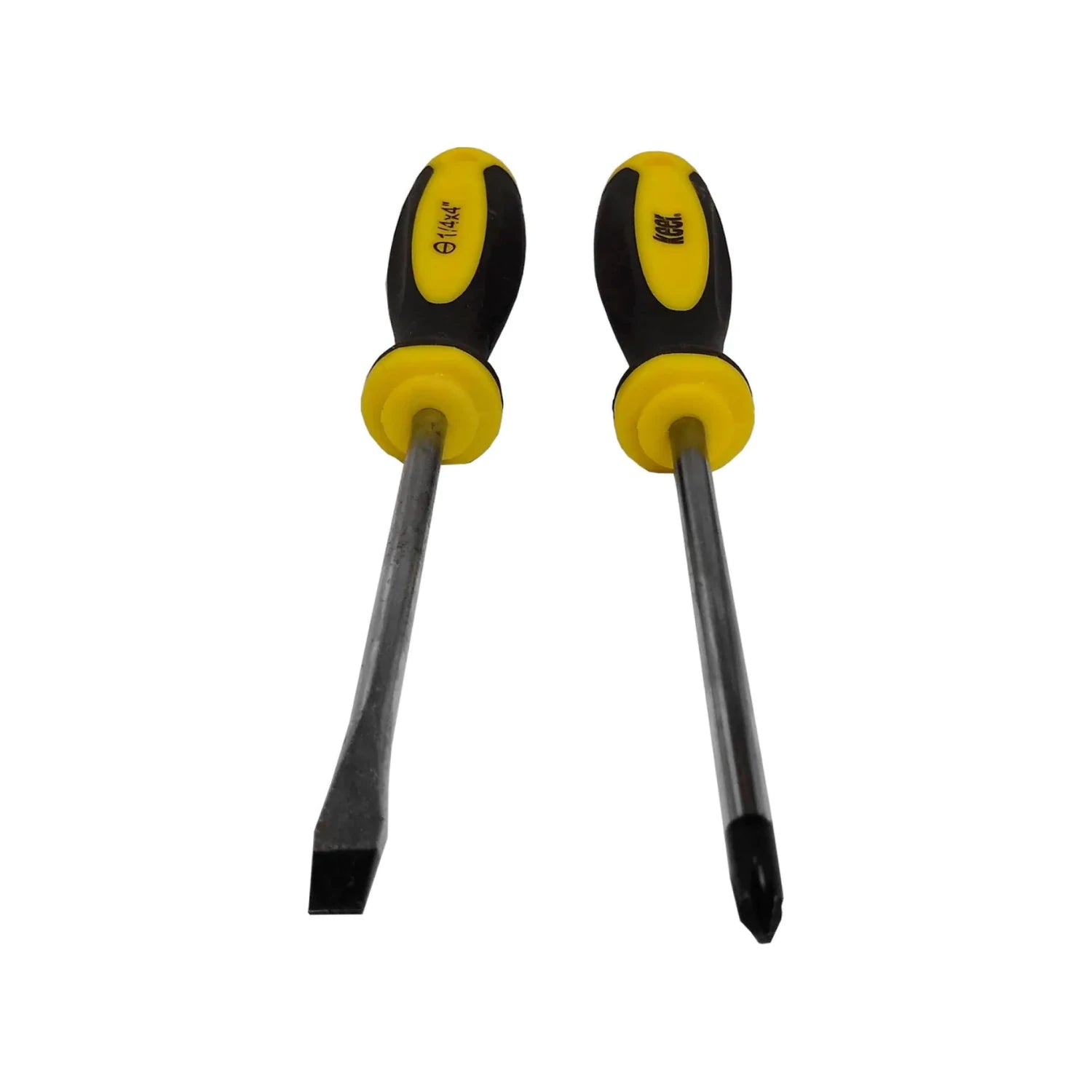 Juego de 2 desarmadores Keer: plano 1/4x4" y Phillips. Mangos bimaterial negro/amarillo para ferretería.
