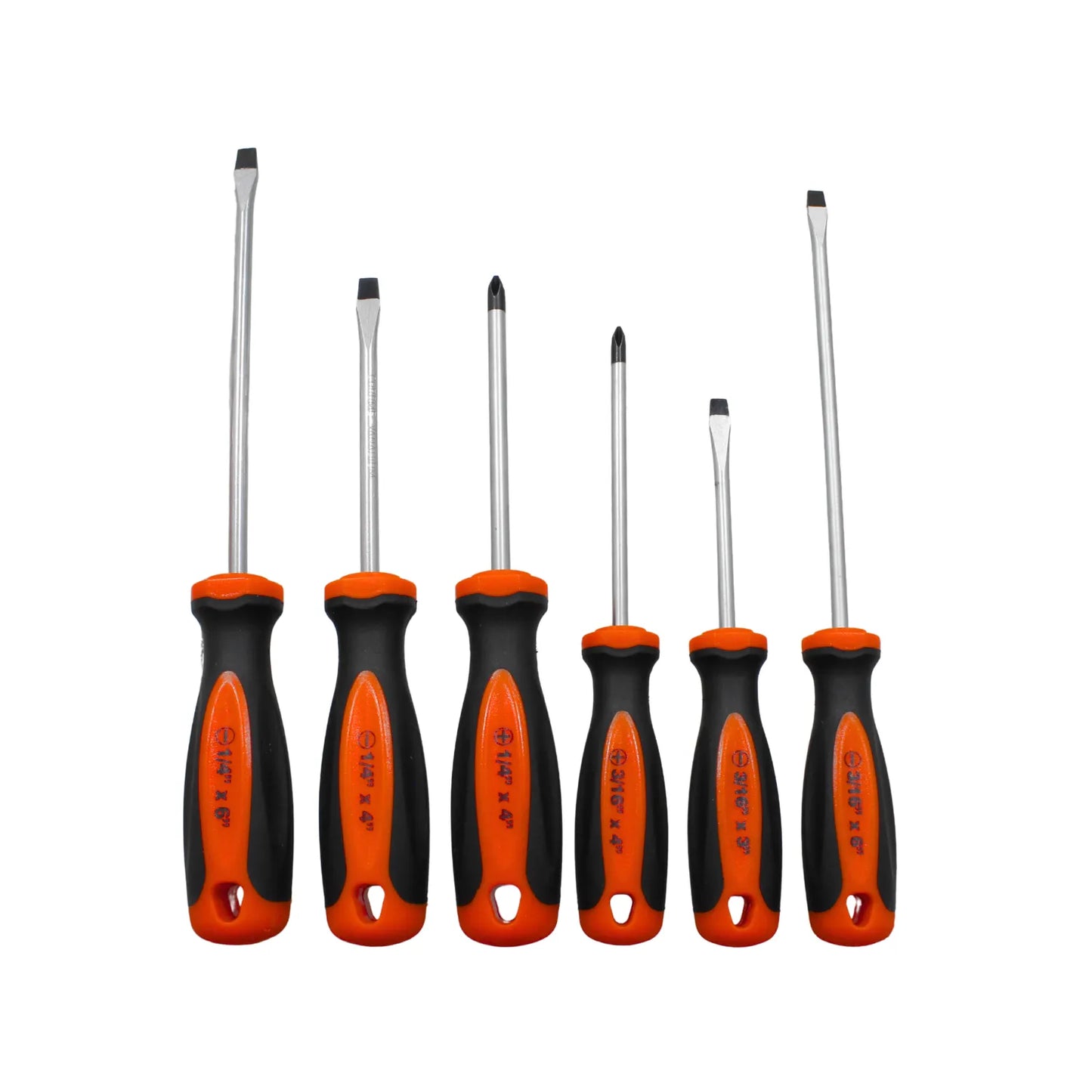 Juego de 6 destornilladores planos y Phillips con mango ergonómico naranja y negro para mecánica y bricolaje