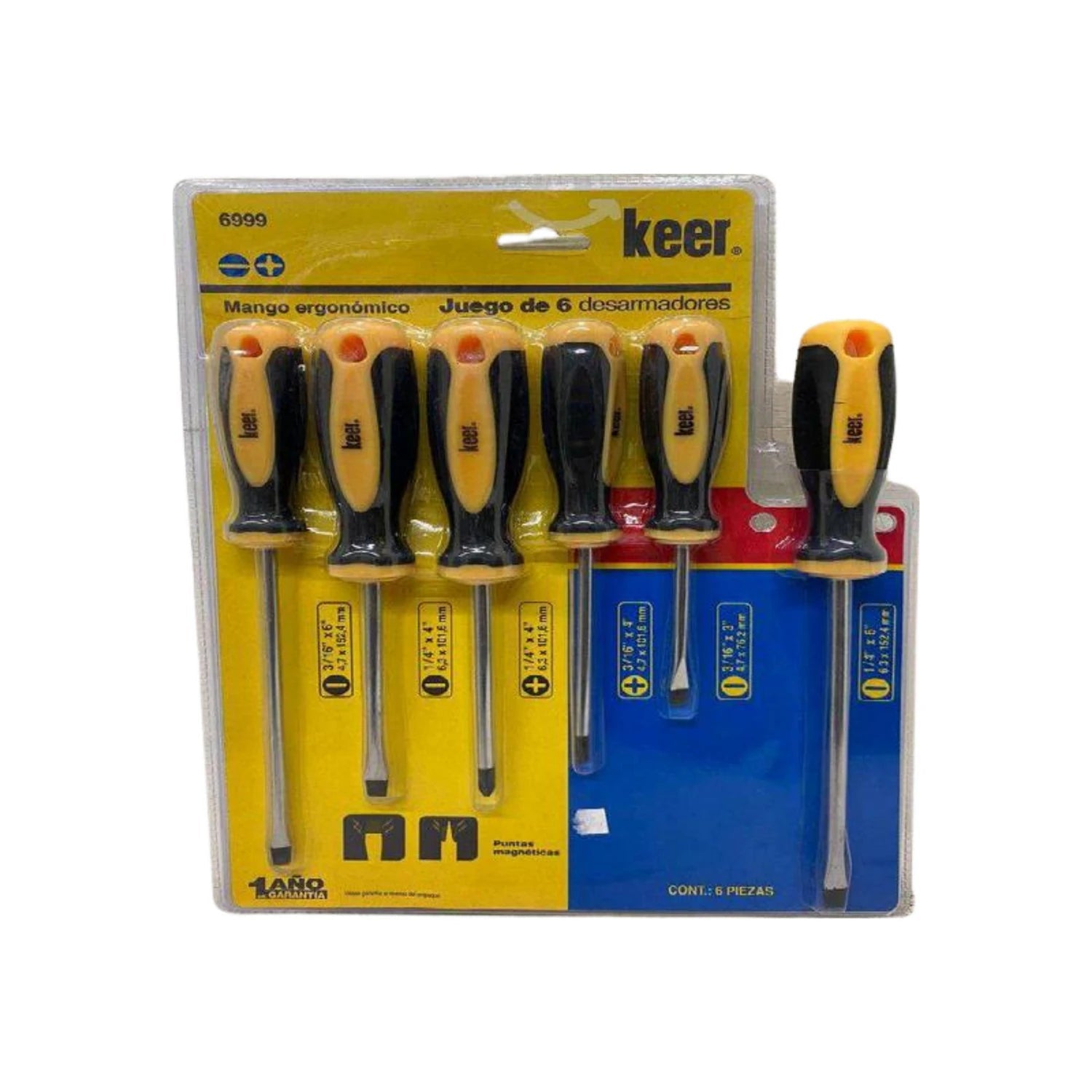 Juego de 6 desarmadores Keer 6999 bimaterial ergonómicos, puntas magnéticas Phillips y planas, uso profesional.