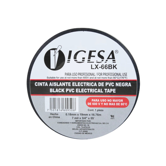 Cinta aislante eléctrica PVC negra IGESA LX-66BK para 600V y 80°C, uso profesional en ferretería.