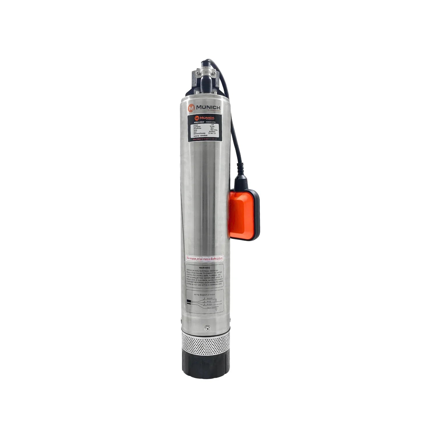 Bomba sumergible tipo bala MÜNICH 1 HP acero inoxidable con flotador naranja para pozo profundo