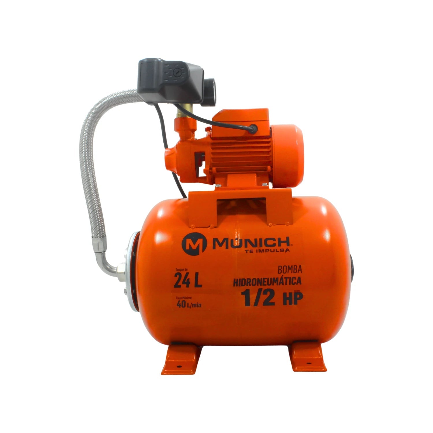 Bomba hidroneumática Múnich naranja 1/2 HP con tanque de 24 litros, flujo máximo 40 L/min