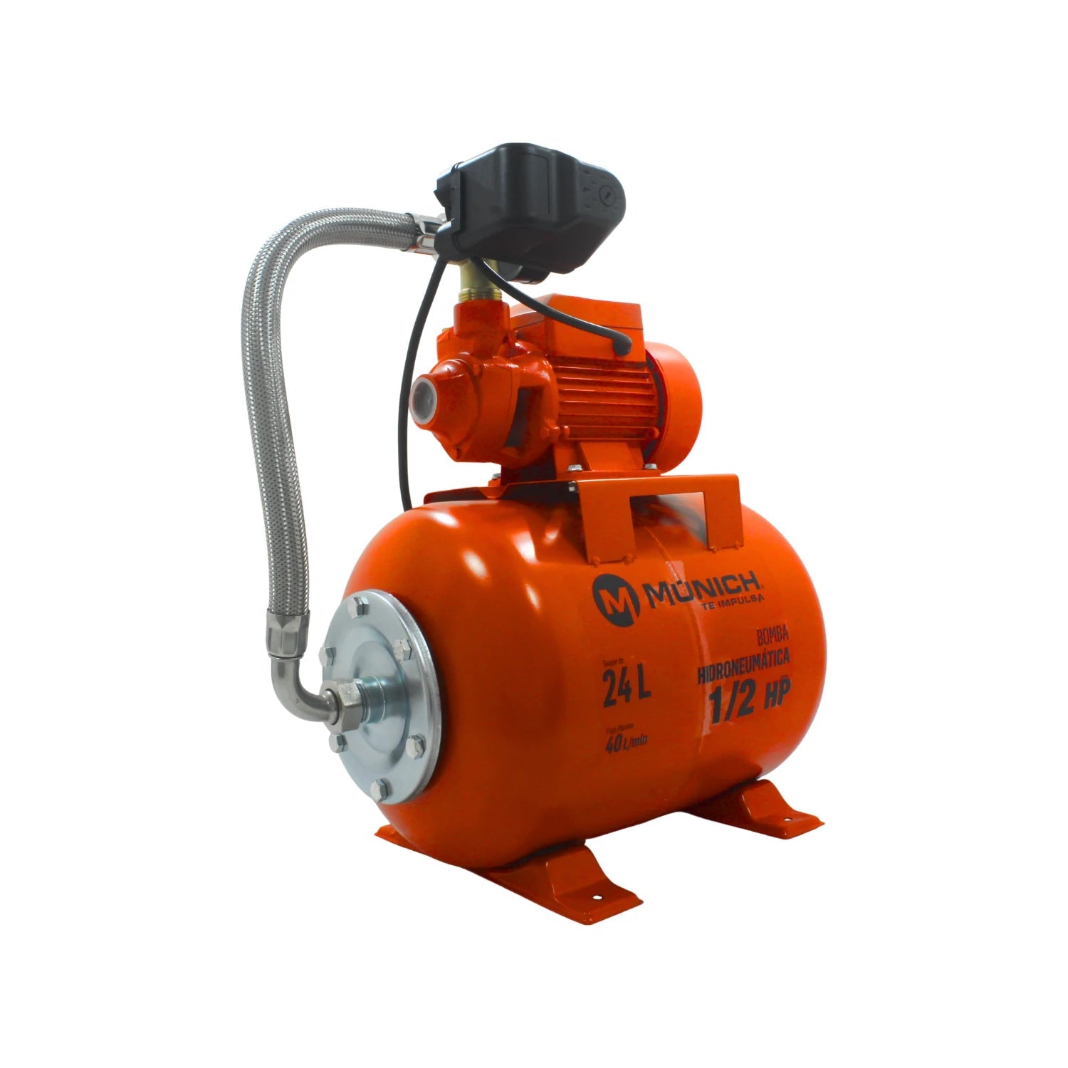 Hidroneumático Múnich naranja 24L 1/2 HP para presión de agua, flujo 40 L/min, uso doméstico o comercial.