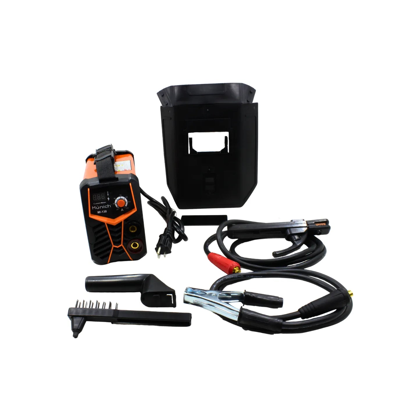 Soldadora inversora Múnich MI-130 naranja y negra 130A. Kit completo con máscara, cables de soldar y herramientas.