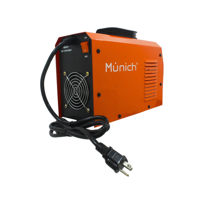 Soldadora inversora compacta Múnich naranja con ventilador, entrada AC 110V/220V y cable de alimentación.