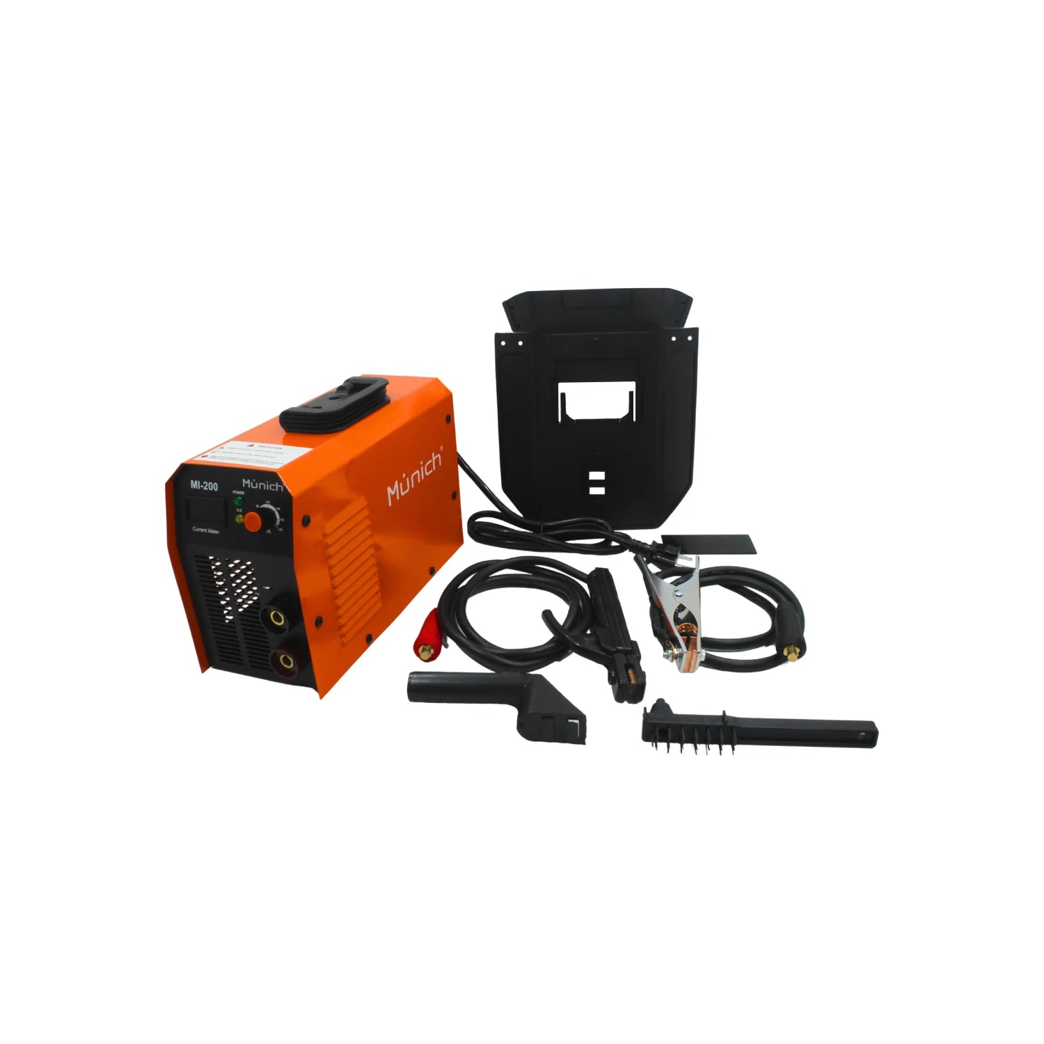 Soldadora inversora de electrodo Múnich MI-200 naranja 200A, kit completo con careta, cables y accesorios.