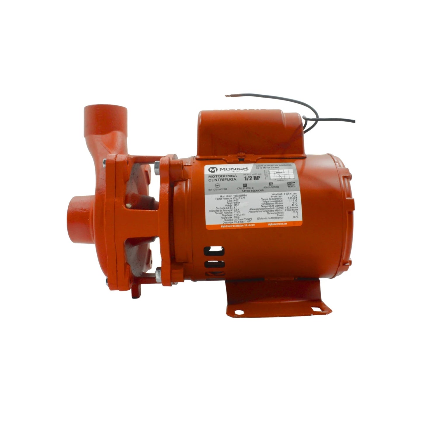 Bomba de agua centrífuga Munich 1/2 HP naranja para bombeo de alta presión, motor robusto de uso doméstico