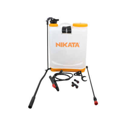 Mochila pulverizadora agrícola Nikata blanca y naranja con lanza de presión, manguera y boquillas de repuesto para jardín