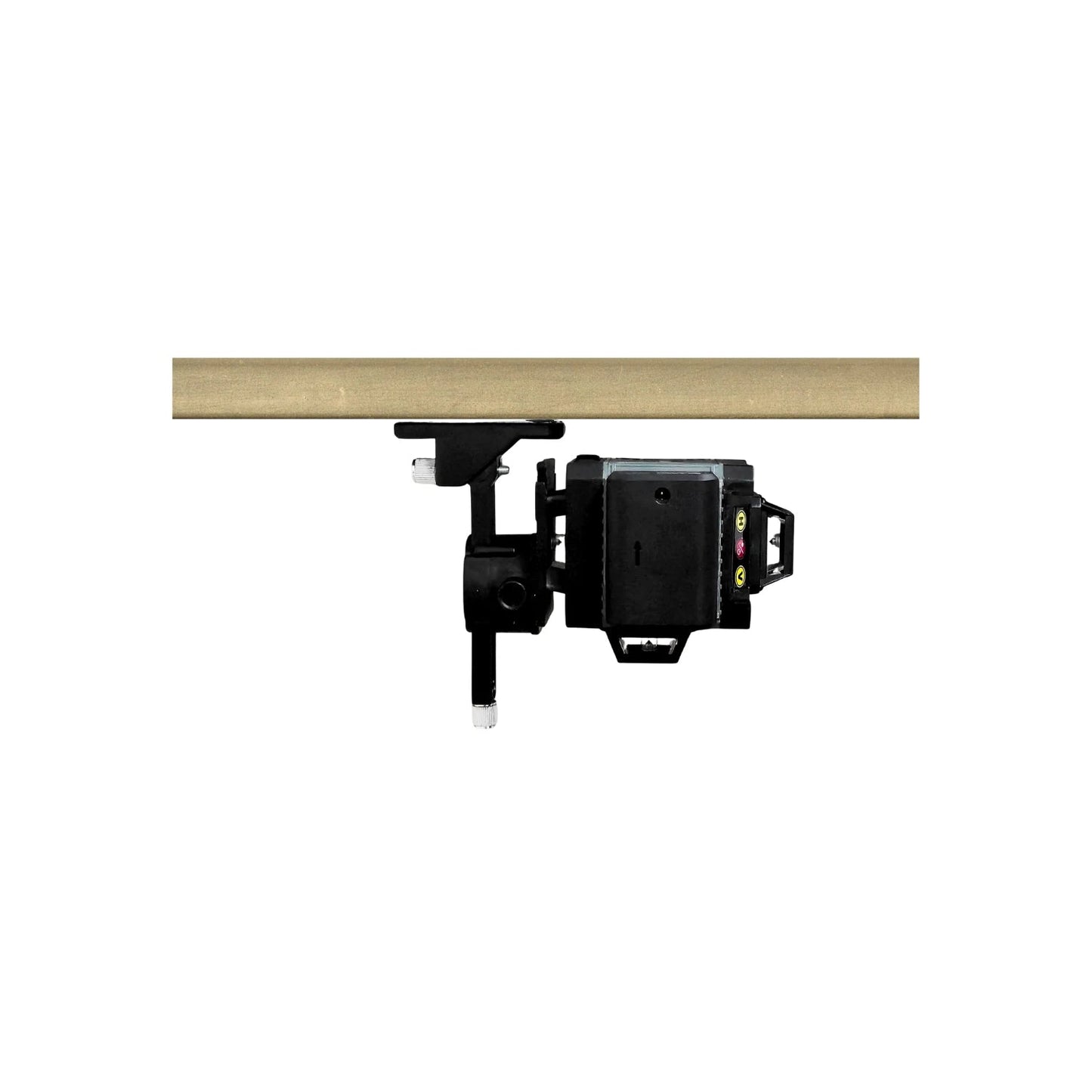 Nivel láser recargable negro montado con abrazadera bajo superficie de madera, ideal para alineación precisa.