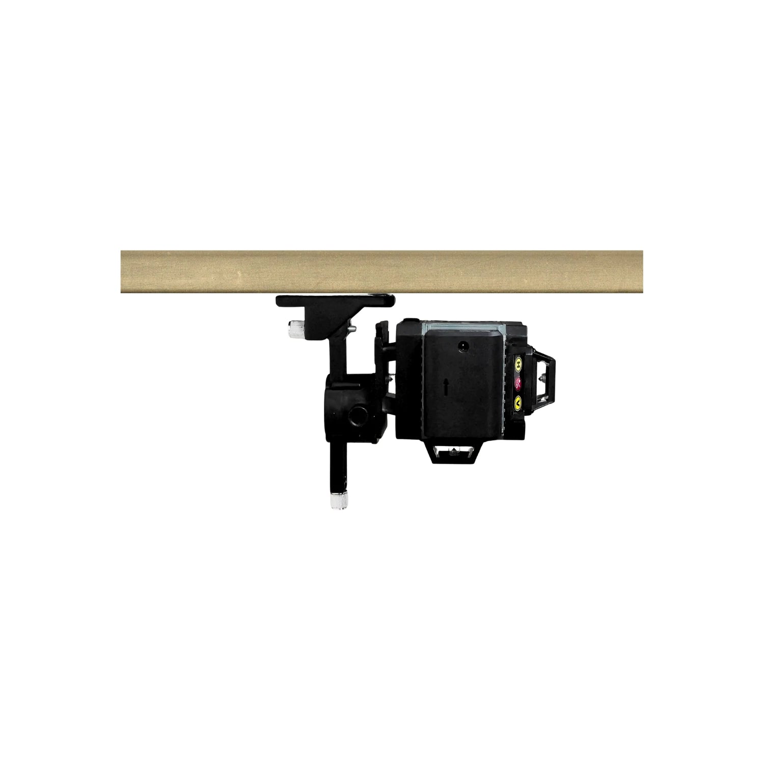 Nivel láser recargable negro montado con abrazadera bajo superficie de madera, ideal para alineación precisa.