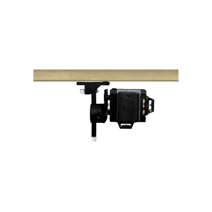 Nivel láser recargable negro montado con abrazadera bajo superficie de madera, ideal para alineación precisa.