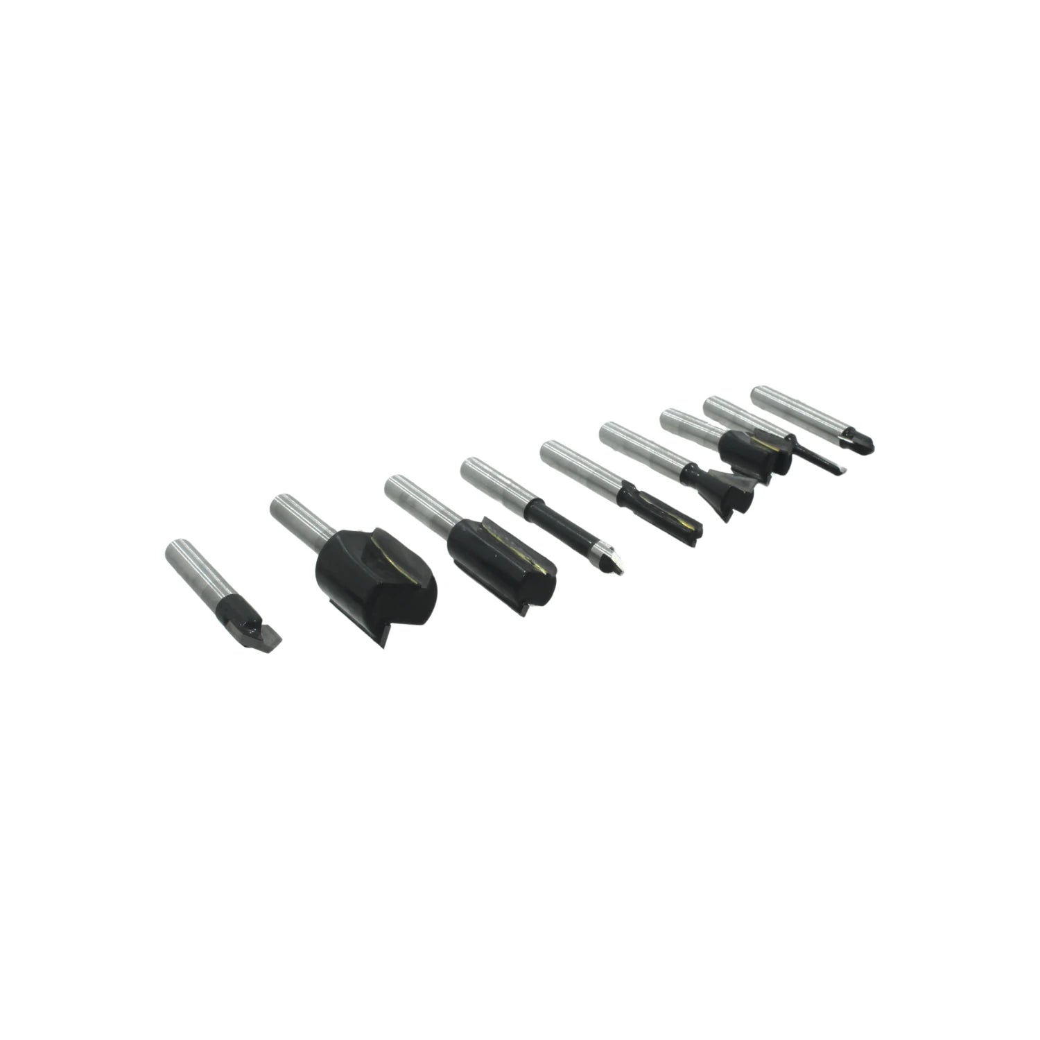 Set de 8 brocas para router de carburo, variadas, vástagos plateados y cabezales negros, para carpintería