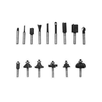 Set de 15 fresas para router con diferentes perfiles de corte y acabado para madera, puntas negras y guías