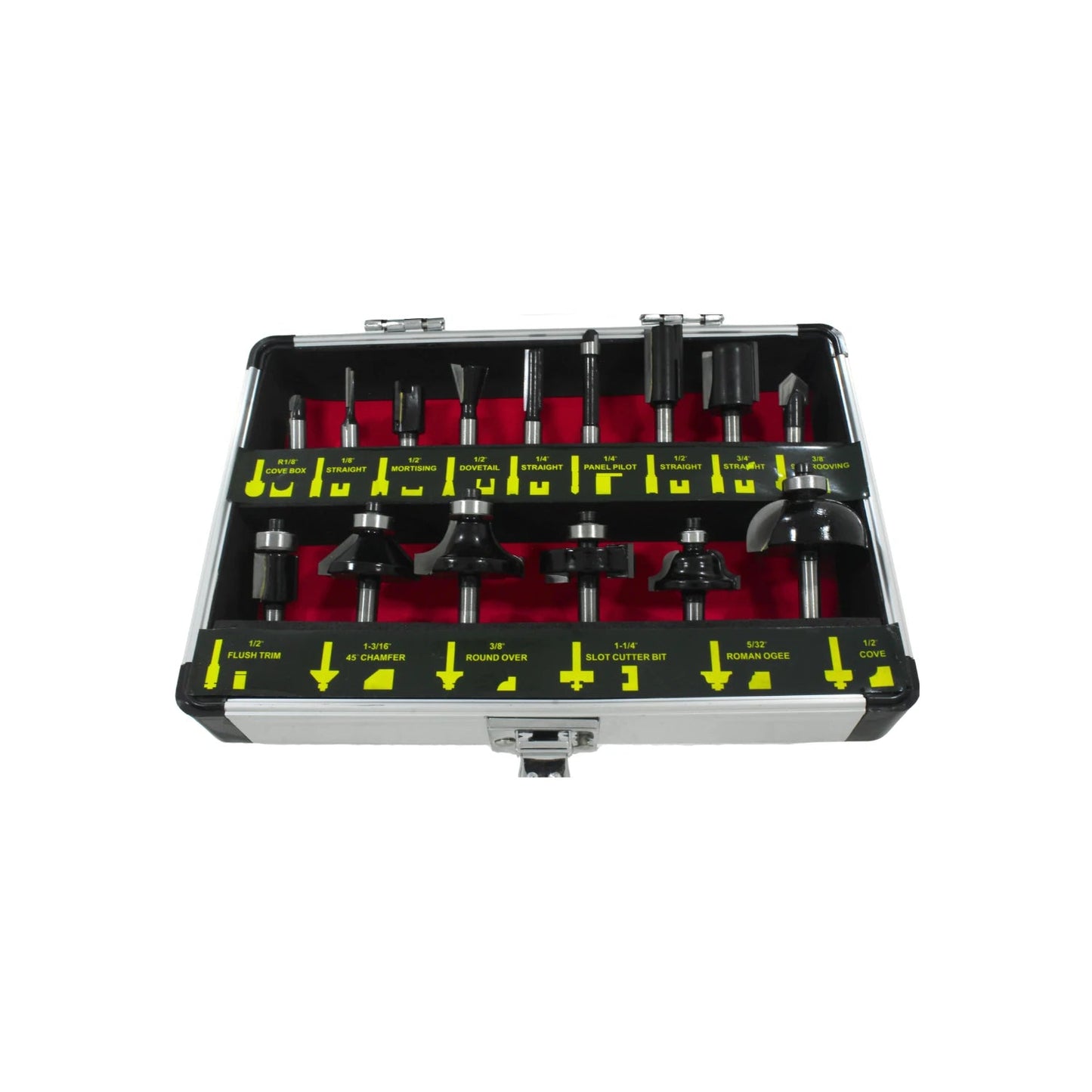 Juego de 15 brocas para router con estuche metálico; perfiles variados para carpintería profesional.
