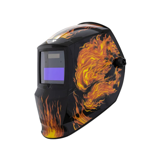 Careta para soldar automática negra con vibrante diseño de flamas naranjas, visor auto-oscurecible y perilla de ajuste lateral.