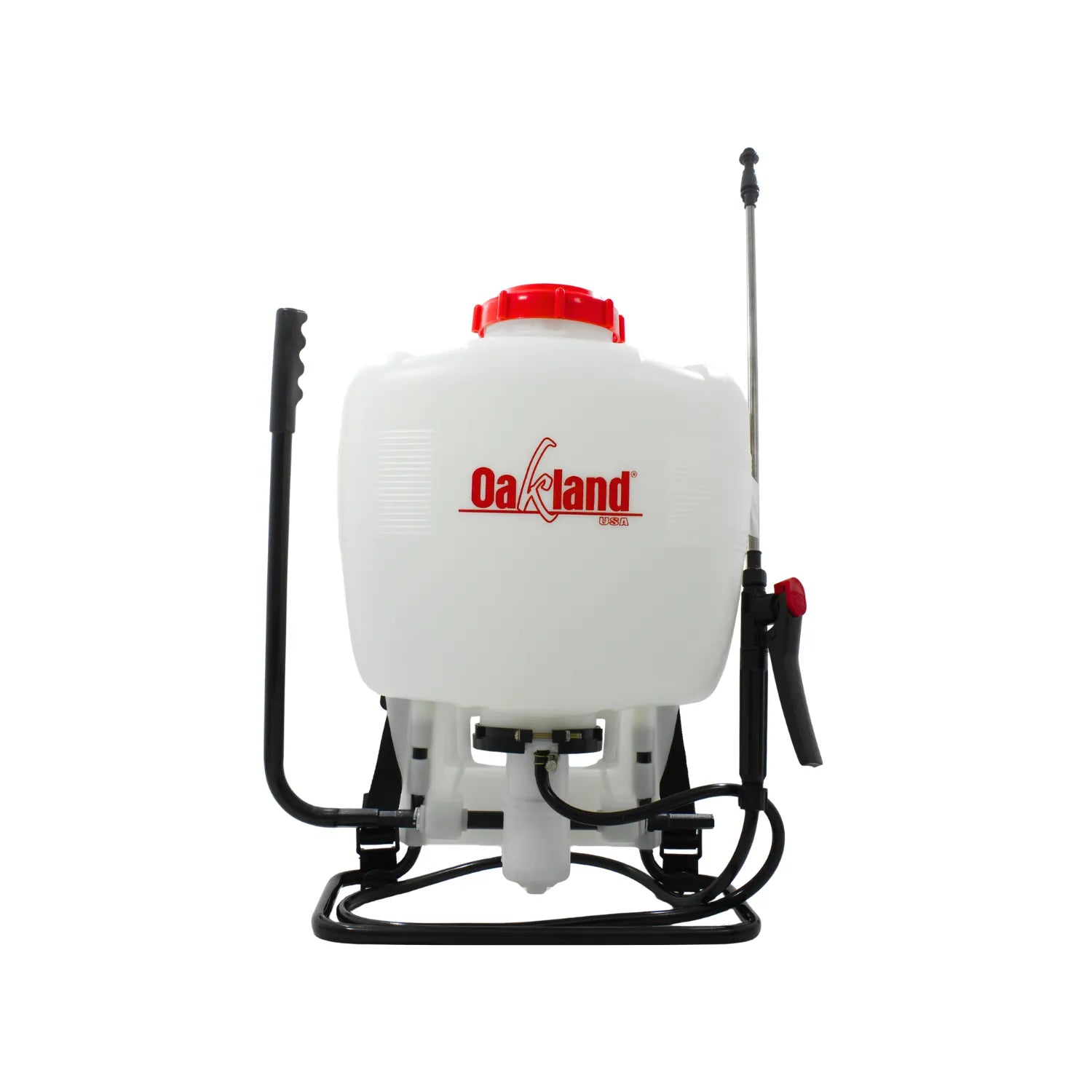 Pulverizador de mochila Oakland manual blanco con palanca lateral y lanza metálica para fumigación y riego.