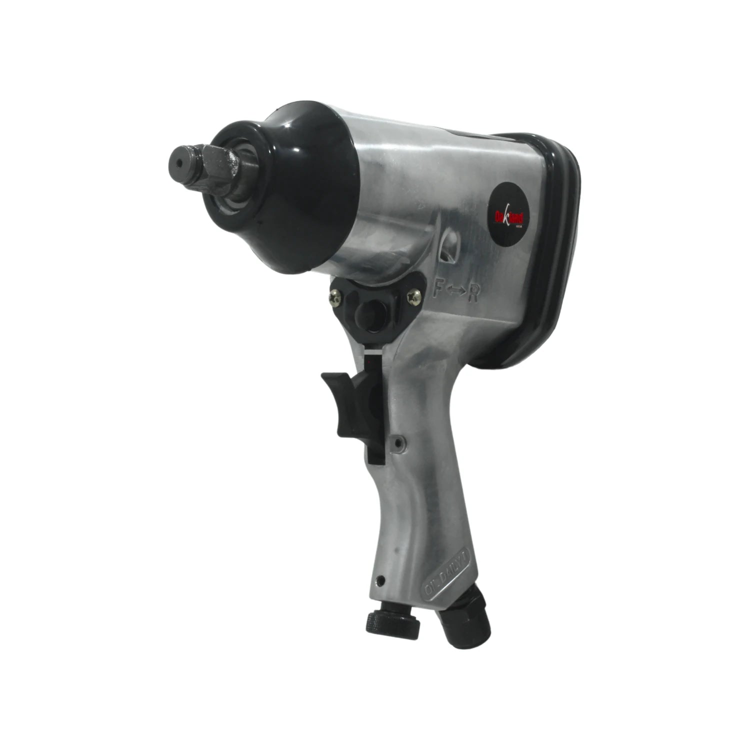 Llave de impacto neumática Dr Kand plateada para aflojar y apretar tuercas con selector F-R en taller.