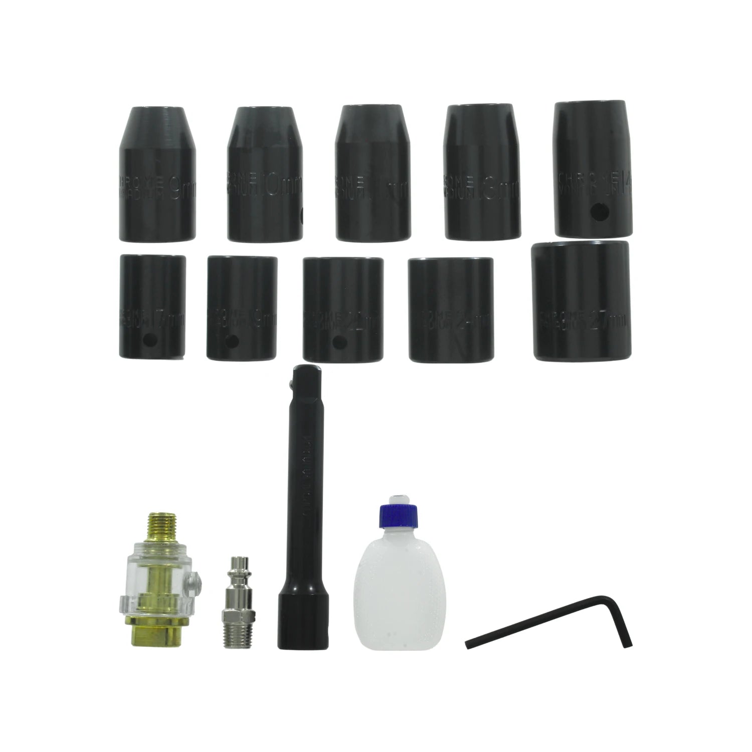Juego de 10 dados de impacto negros (9-27mm), lubricador de línea de aire, extensión y accesorios.