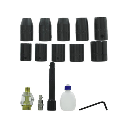 Juego de 10 dados de impacto negros (9-27mm), lubricador de línea de aire, extensión y accesorios.