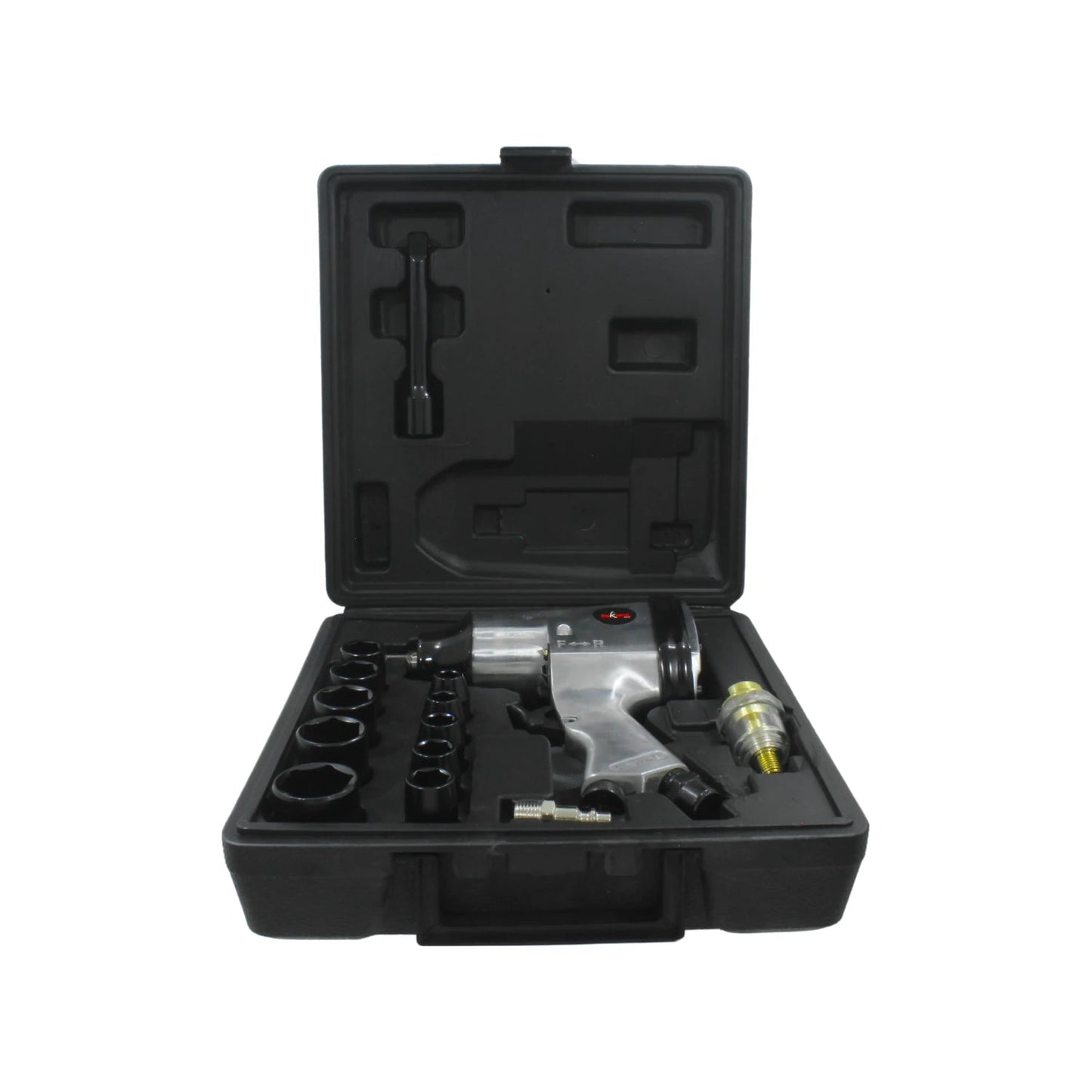 Llave de impacto neumática plateada con juego de dados y accesorios en maletín negro rígido para taller