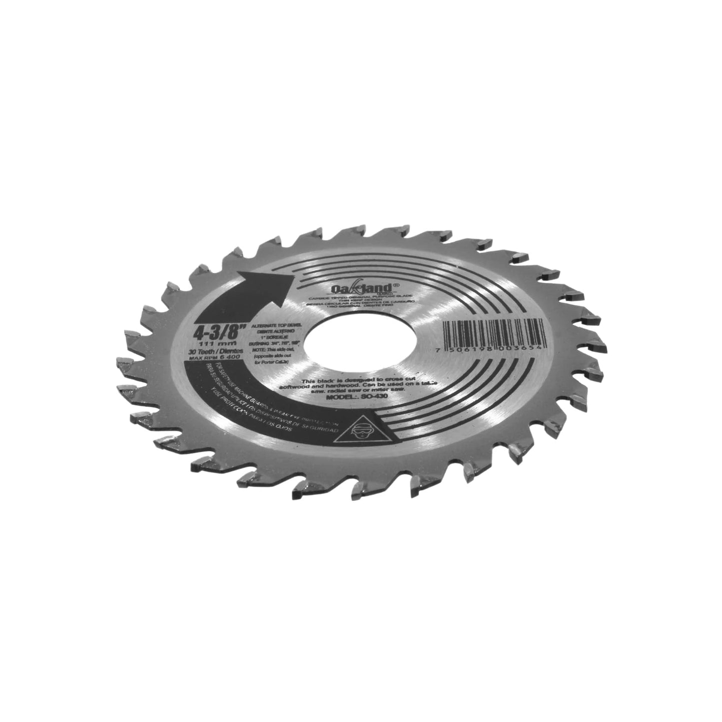 Sierra circular Oakland 4-3/8" (111mm) 30 dientes, punta de carburo, plateada, para corte de madera