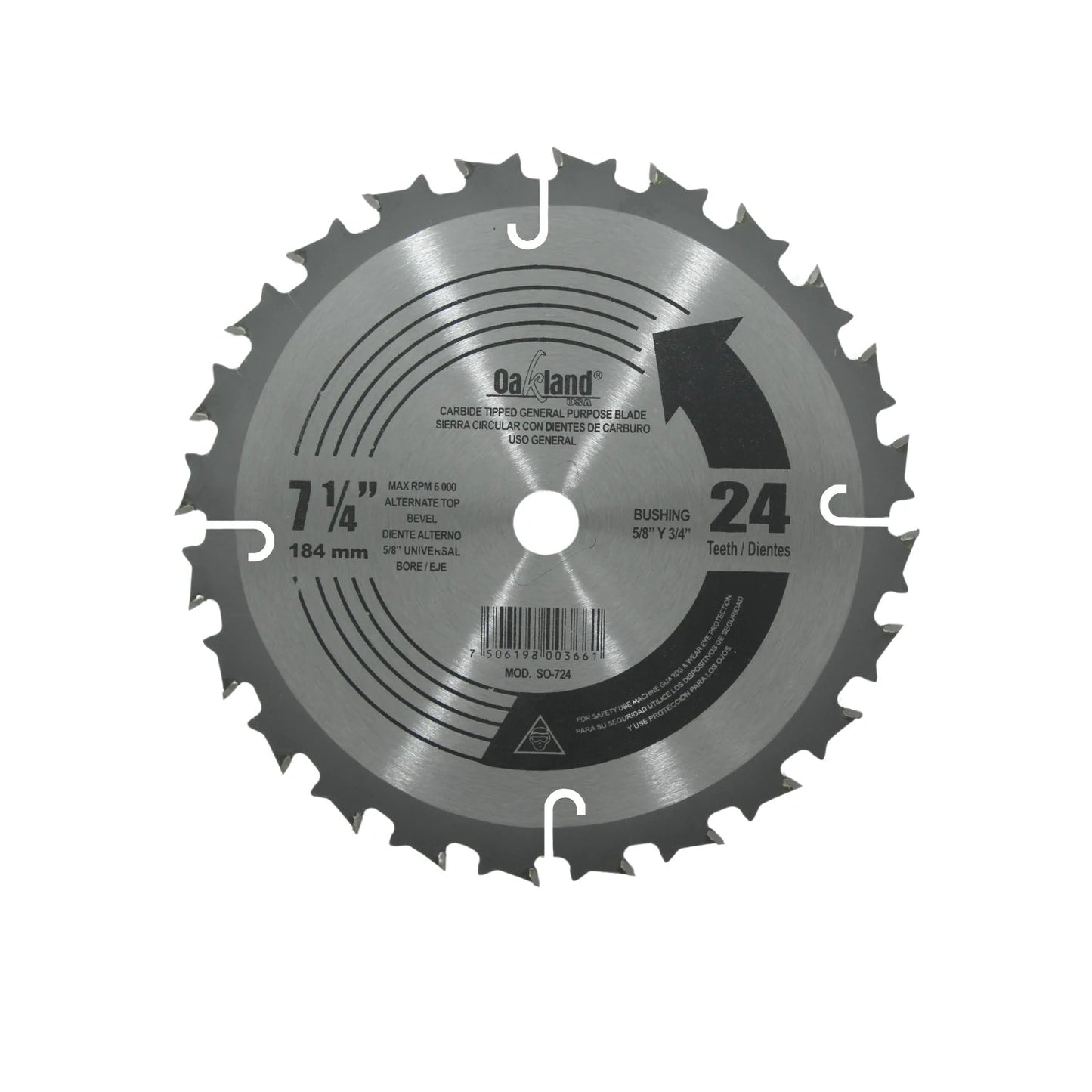 Disco sierra circular Oakland 7 1/4" de 24 dientes de carburo, eje 5/8" universal