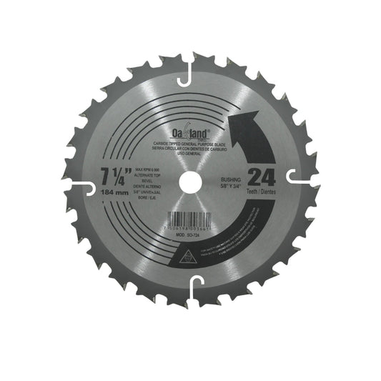 Disco sierra circular Oakland 7 1/4" de 24 dientes de carburo, eje 5/8" universal